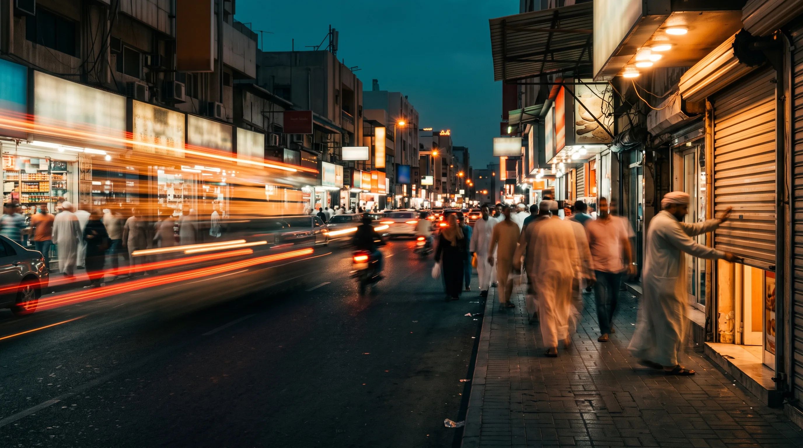 A shopkeeper rolling down his shutter on a busy Gulf street at dusk, traffic light trails streaking past.