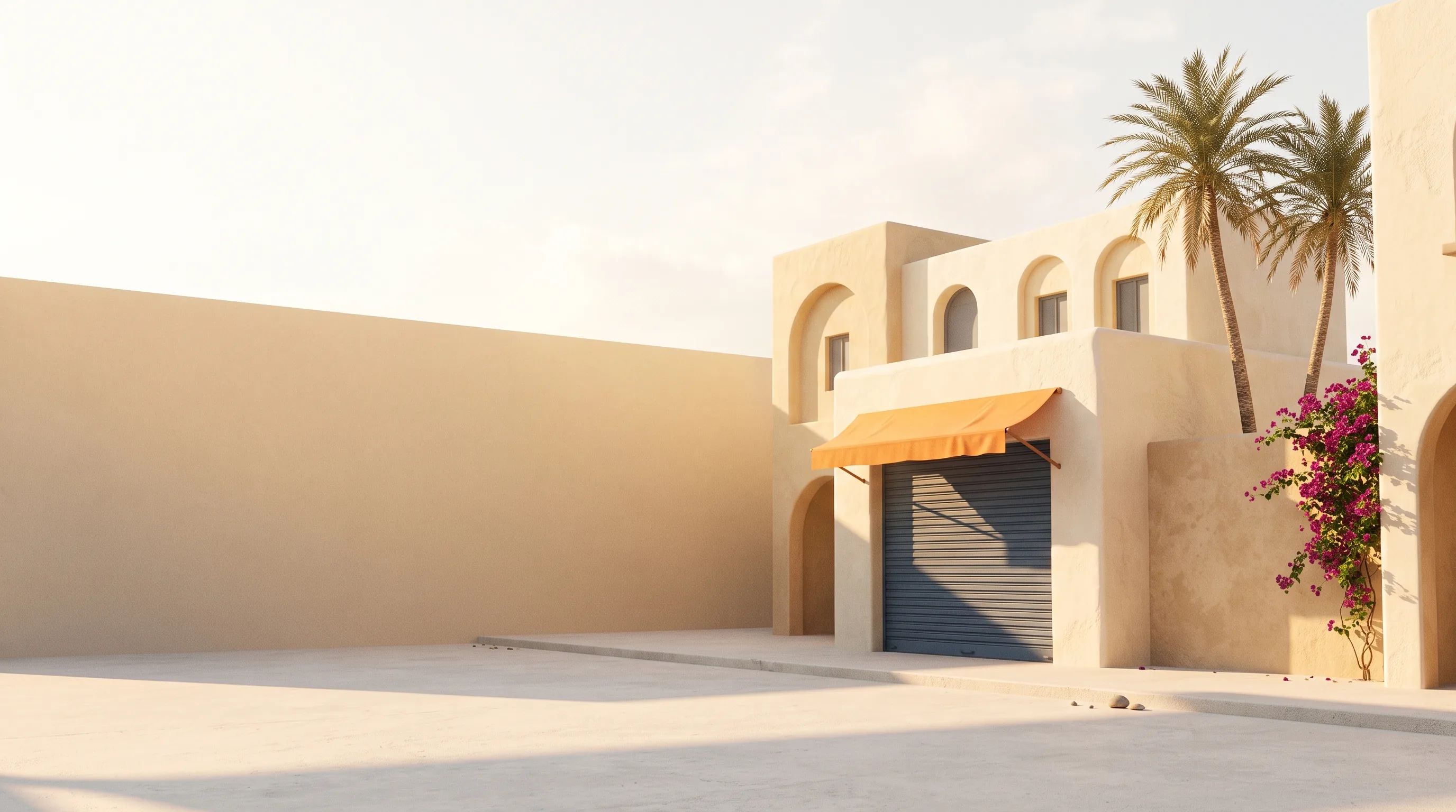 A quiet Gulf workshop street at golden hour — cream plaster walls, a slate-blue shutter under an orange awning, date palms and bougainvillea.