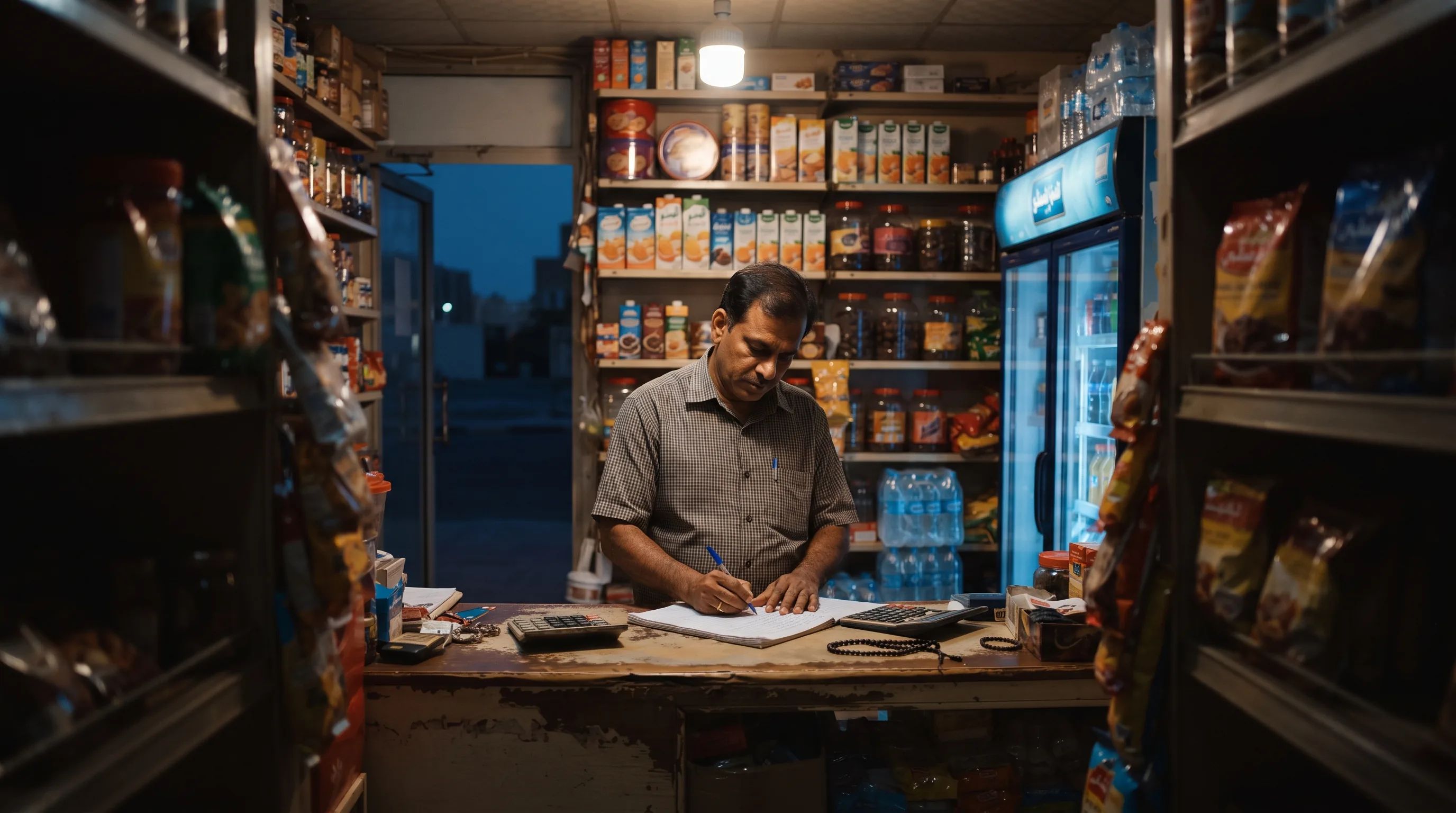 A shopkeeper writing up the day's tally in a notebook at his counter in a Gulf corner shop at dusk, warm bulb light over the till.