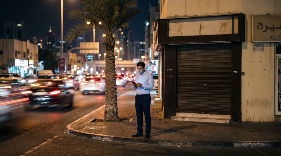 A businessman checking his phone on a Gulf street at night, traffic lights blurred behind him.